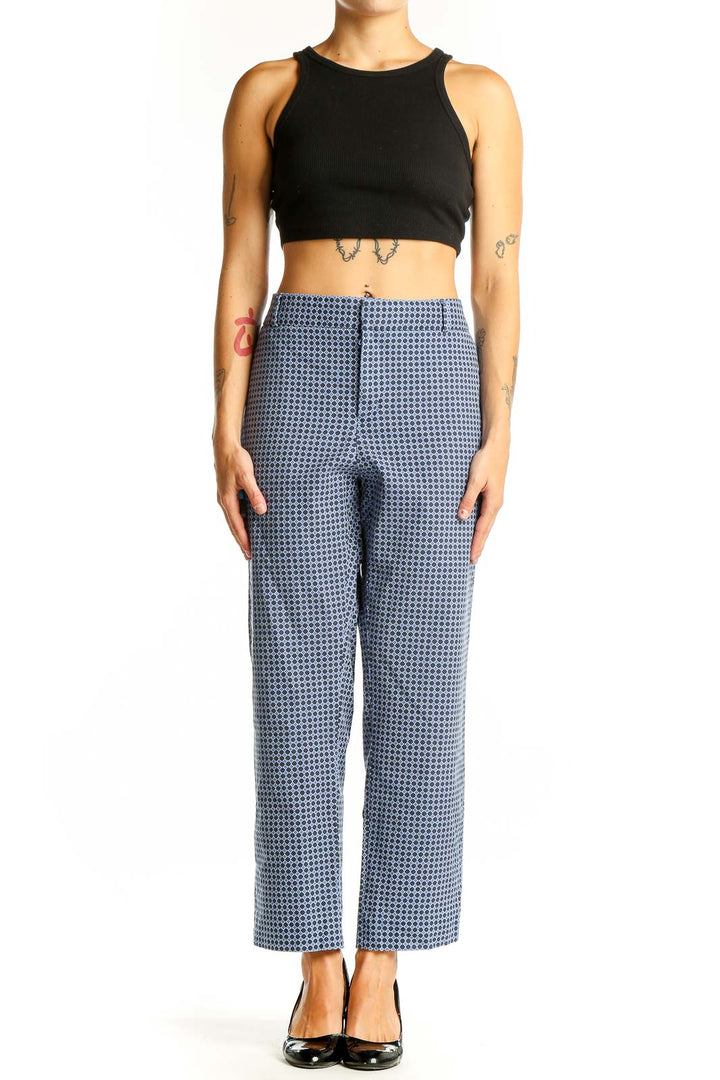 Front view of Banana Republic blue checkered wide-leg trousers