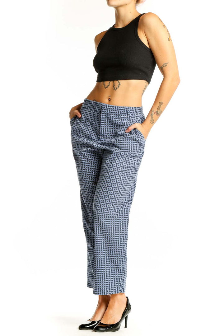 Front view of Banana Republic blue checkered wide-leg trousers