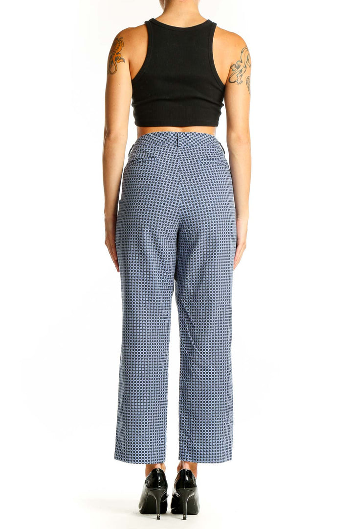 Side view of woman wearing Banana Republic blue checkered wide-leg trousers
