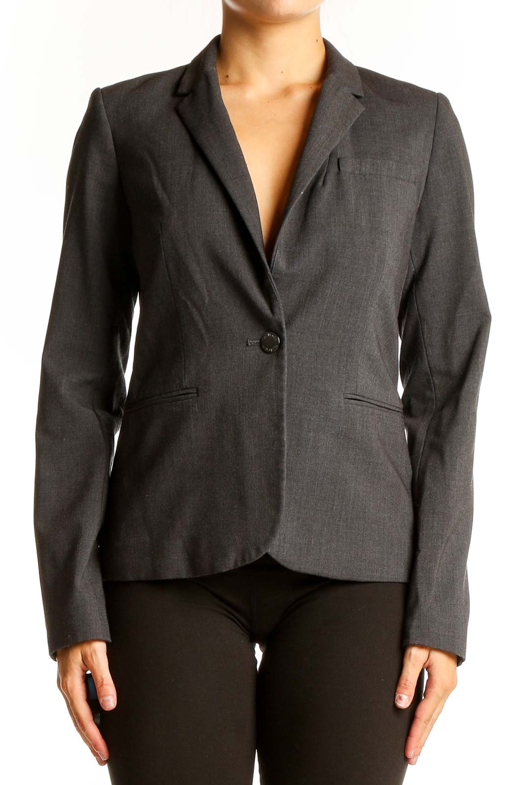 Front view of gray Calvin Klein single-button blazer