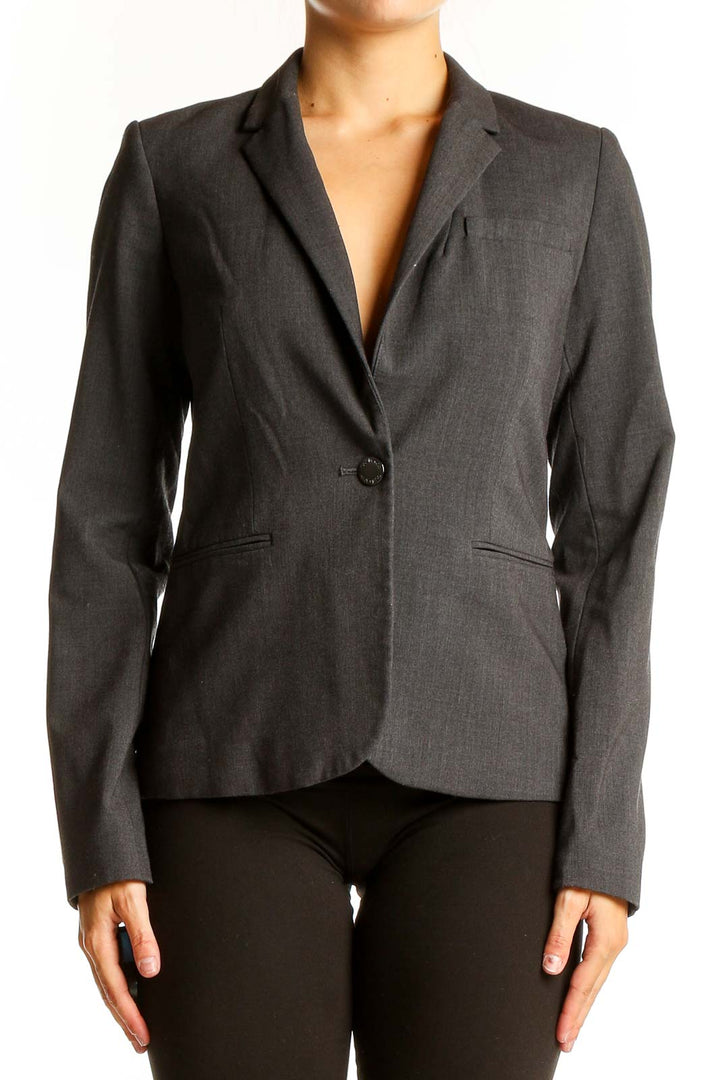 Front view of gray Calvin Klein single-button blazer