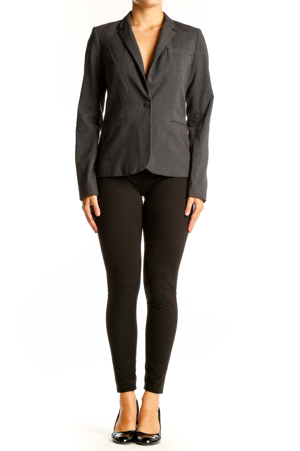 Front view of gray Calvin Klein single-button blazer