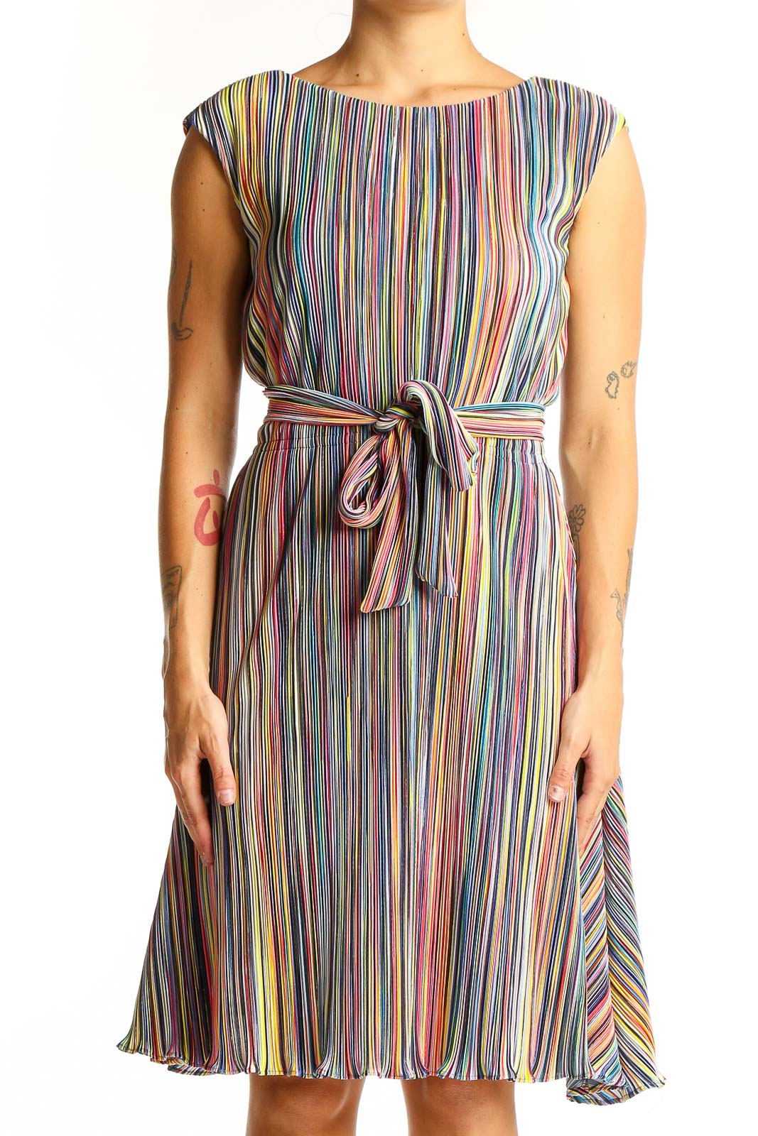 Front view of DKNY multicolor striped pleated dress with belt