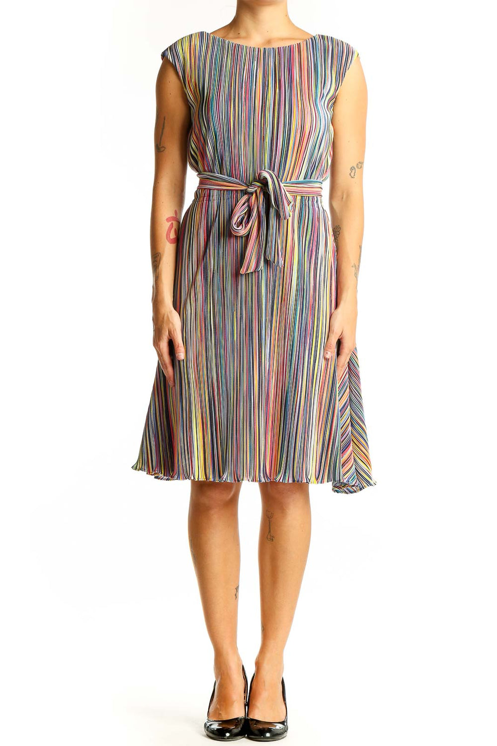 Front view of DKNY multicolor striped pleated dress with belt