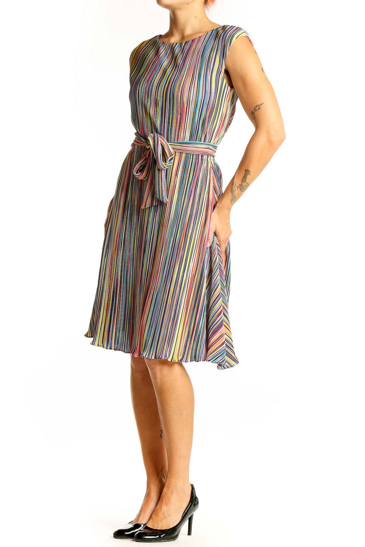 Front view of DKNY multicolor striped pleated dress with belt