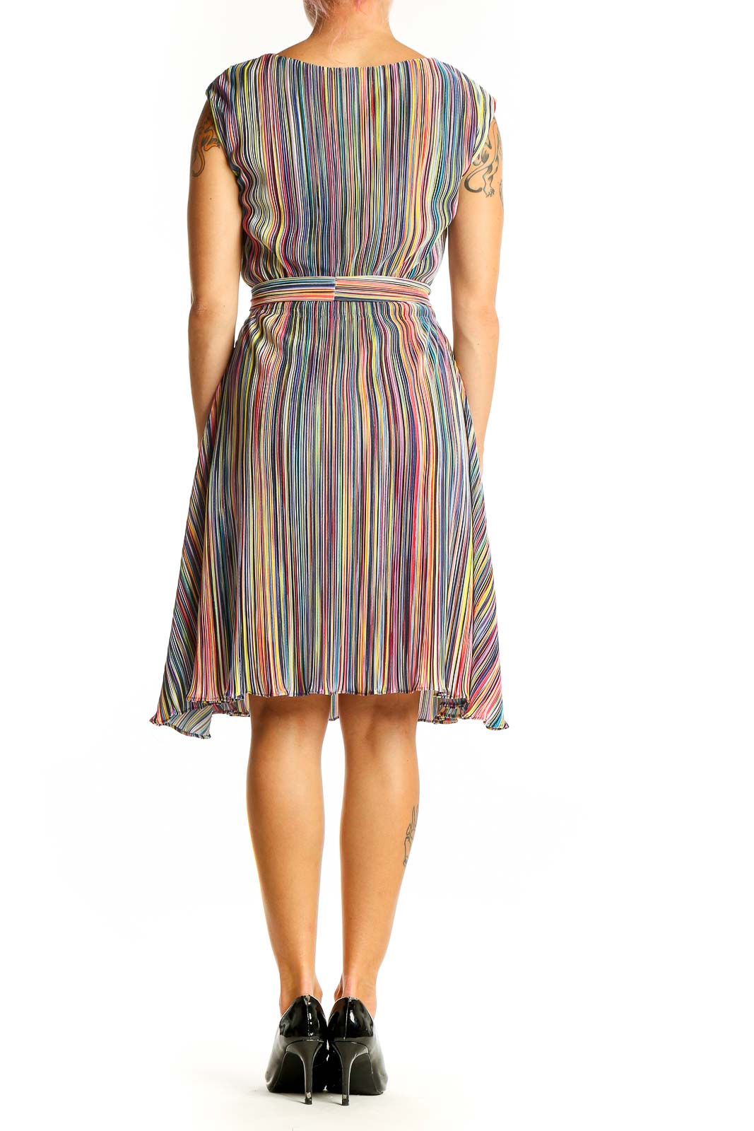 Back view of DKNY multicolor striped pleated dress showing full length