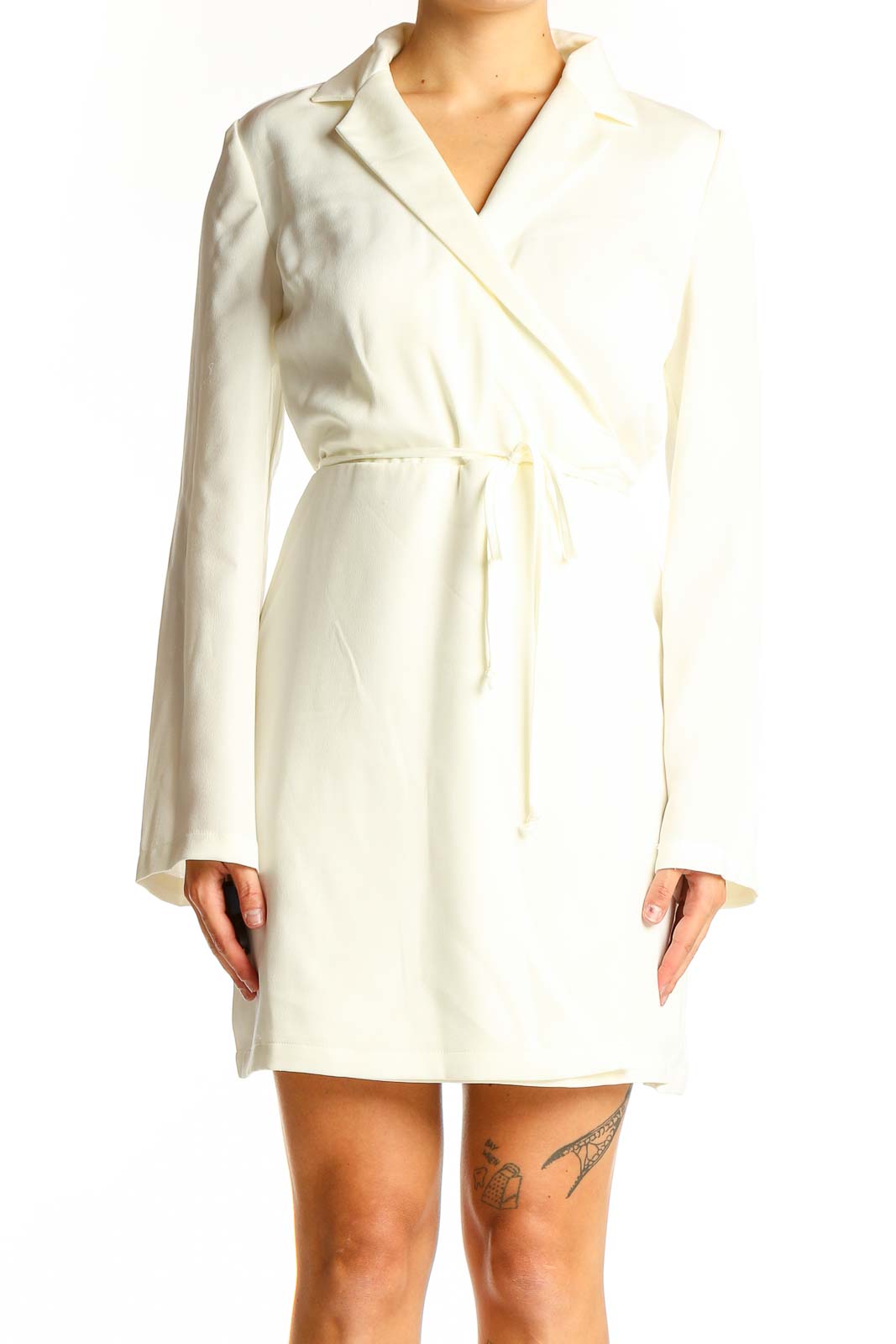 Front view of white wrap mini dress from bar III