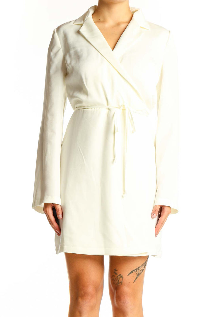 Front view of white wrap mini dress from bar III