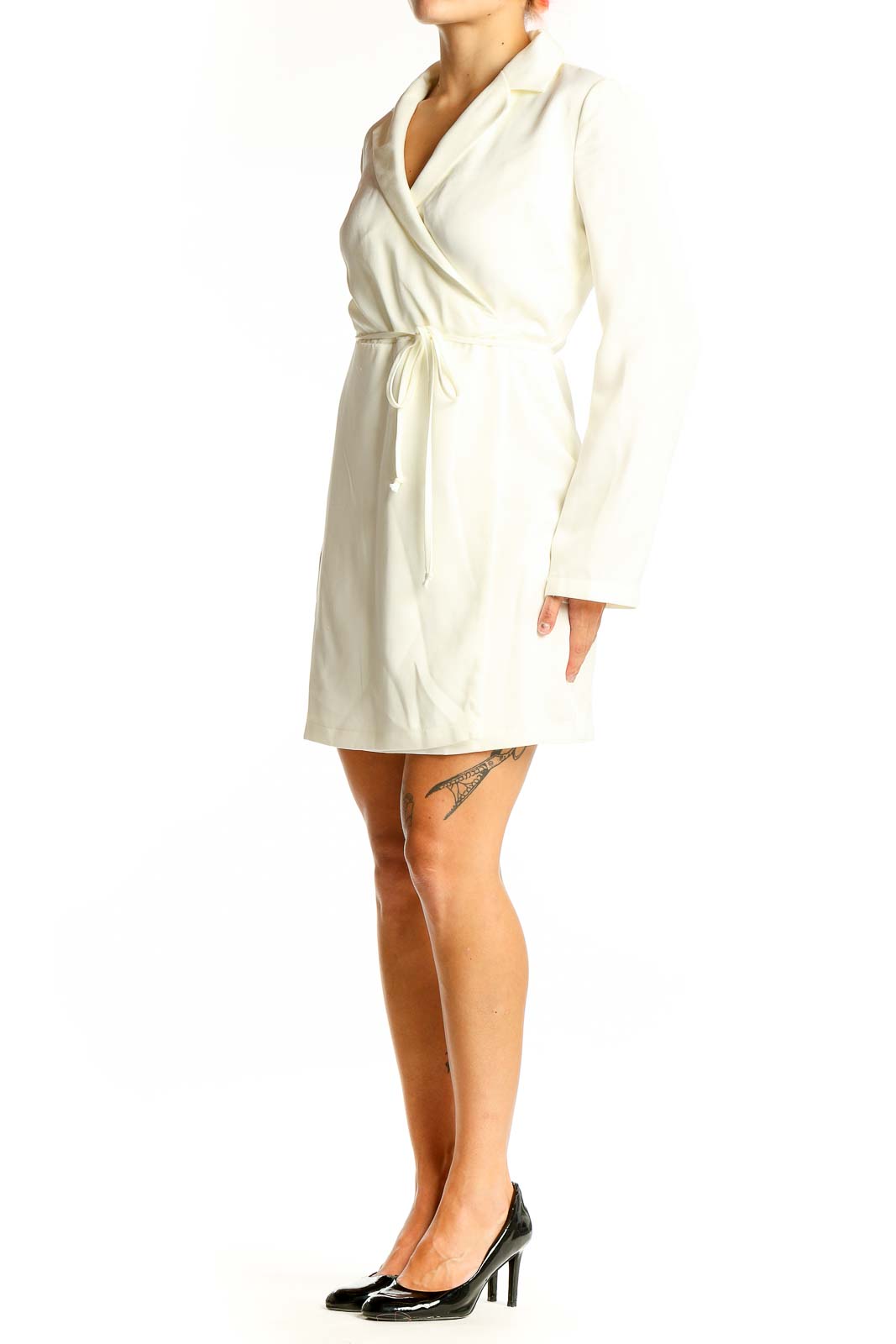 Front view of white wrap mini dress from bar III