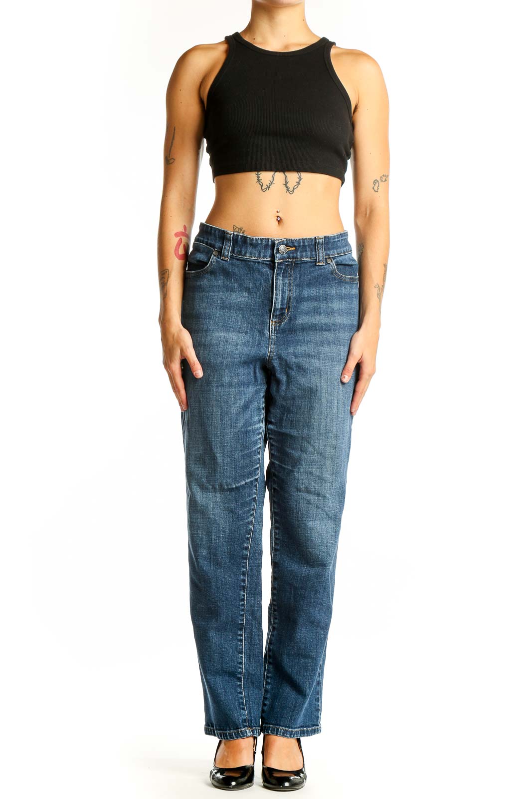 Front view of Talbots blue straight leg jeans on model