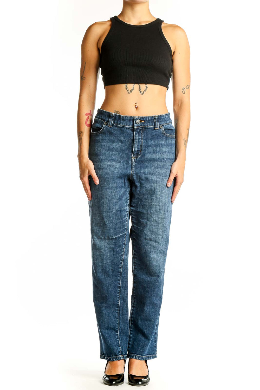 Front view of Talbots blue straight leg jeans on model