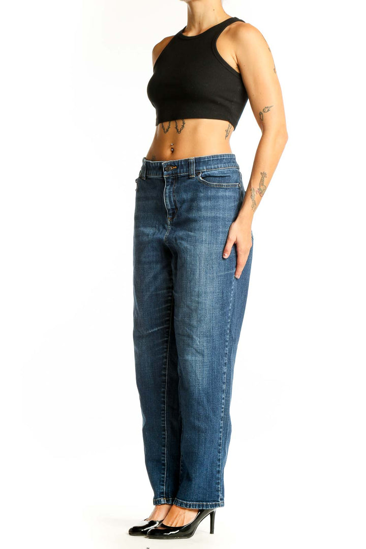 Front view of Talbots blue straight leg jeans on model