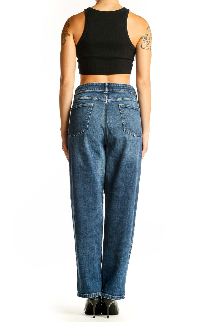 Back view of Talbots blue straight leg jeans on model