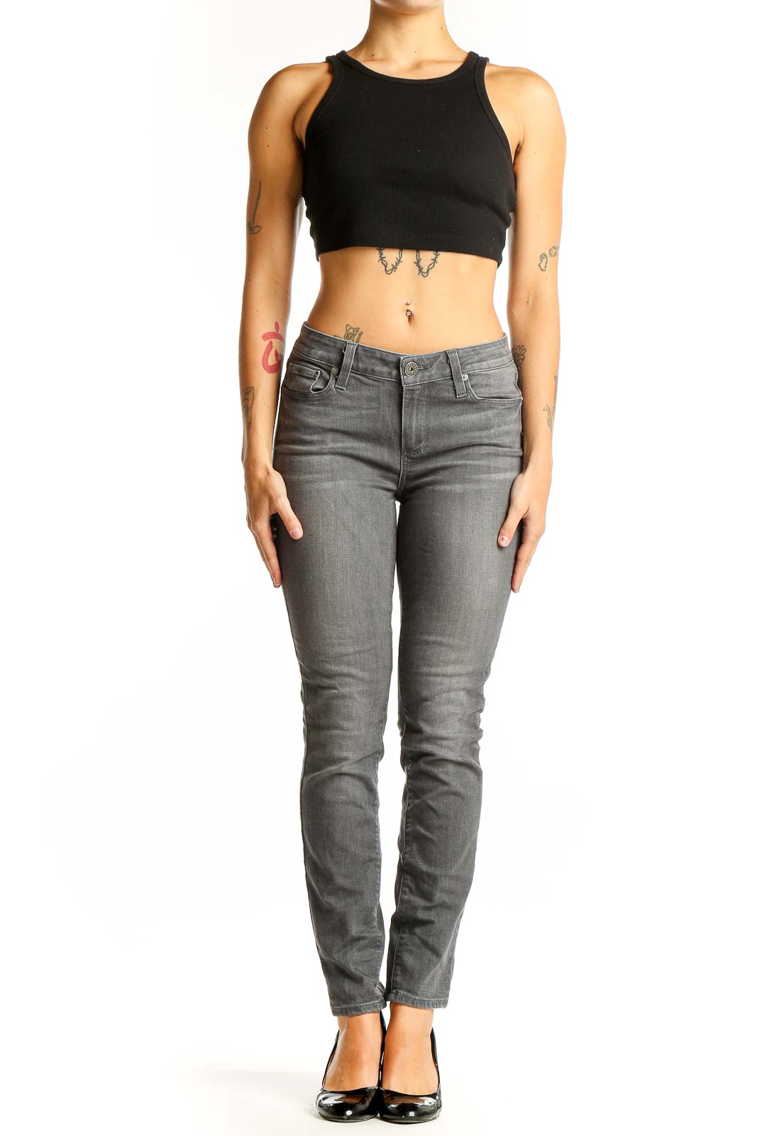 Front view of Paige gray slim fit jeans on model
