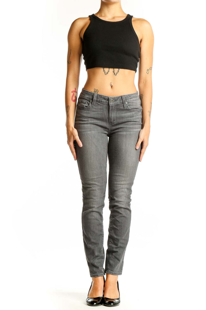 Front view of Paige gray slim fit jeans on model