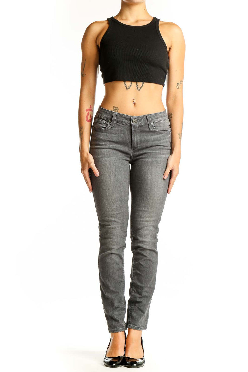 Front view of Paige gray slim fit jeans on model