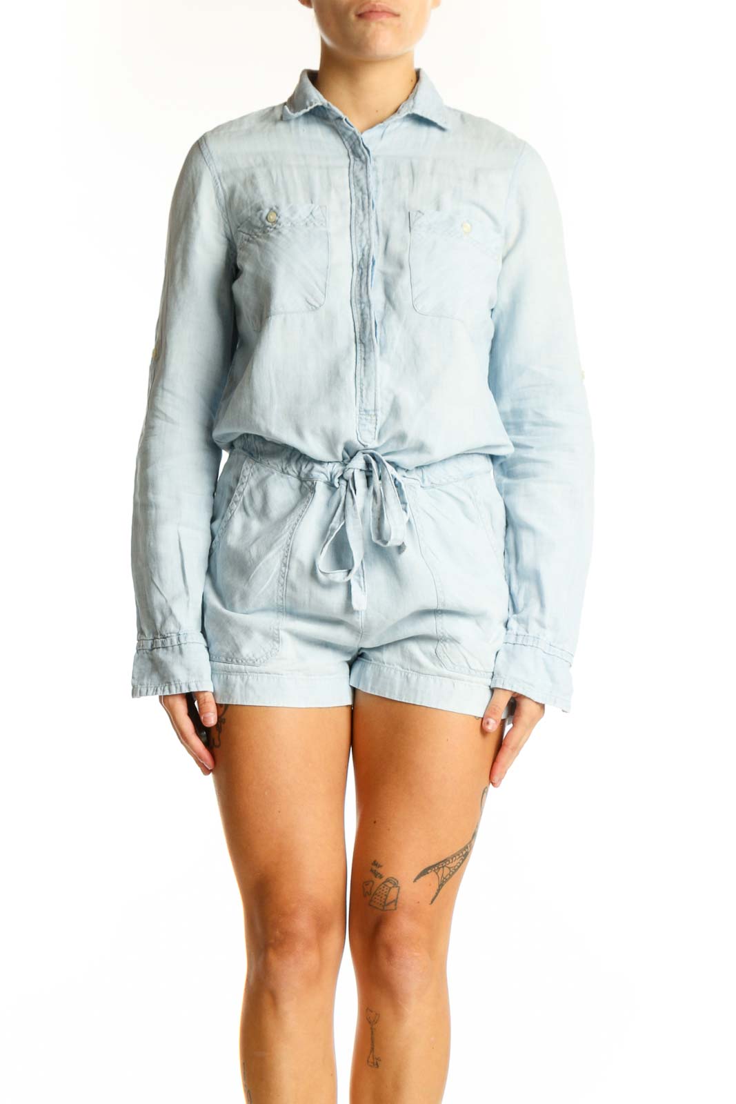 Front view of light blue cotton-linen romper from Denim Supply by Ralph Lauren