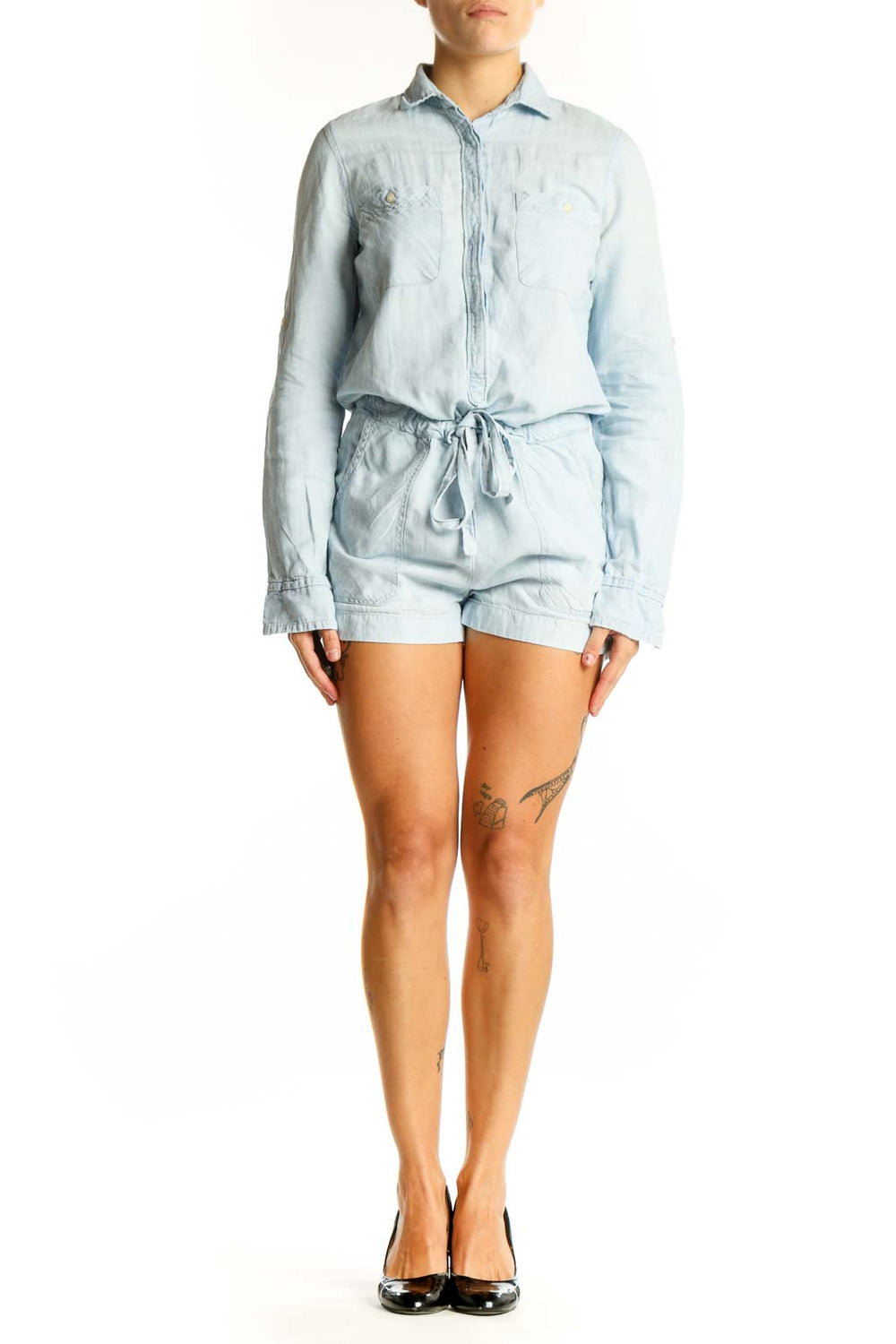 Front view of light blue cotton-linen romper from Denim Supply by Ralph Lauren