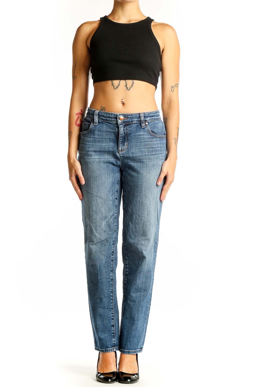 Front view of Eileen Fisher blue straight leg jeans on model