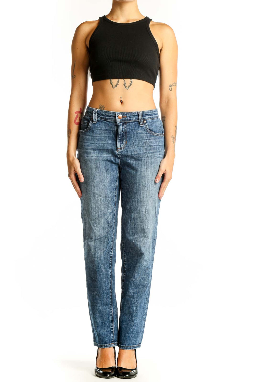 Front view of Eileen Fisher blue straight leg jeans on model