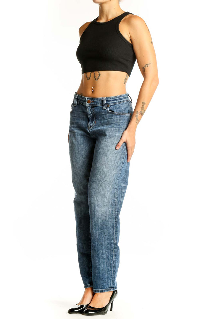 Front view of Eileen Fisher blue straight leg jeans on model