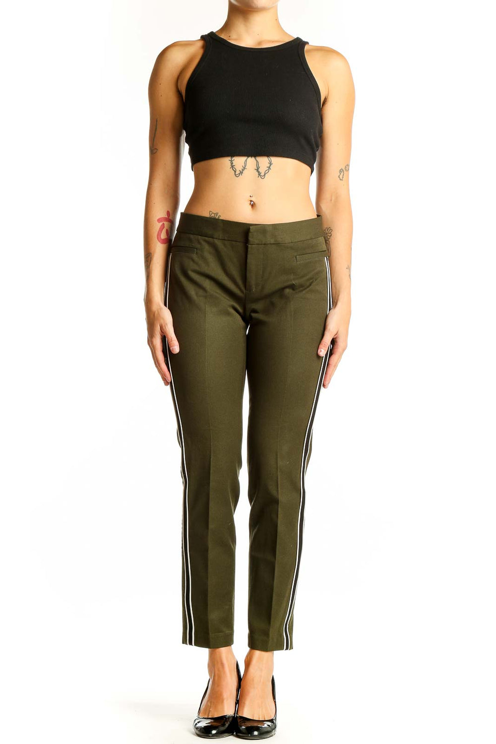 Front view of olive green Banana Republic ankle pants with side stripes