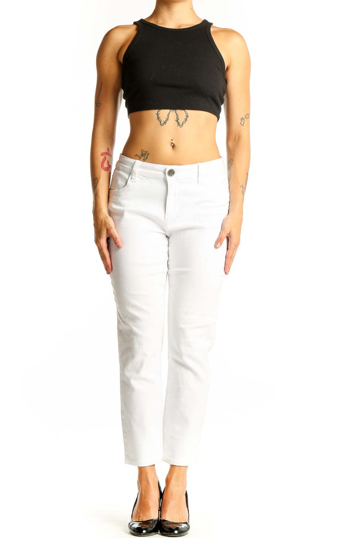 Front view of white ankle-length jeans from KUT from the Kloth