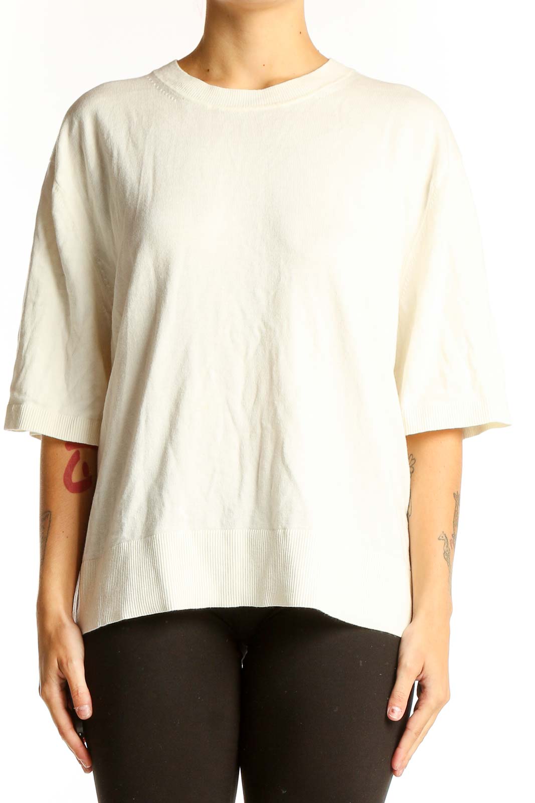 Front view of cream oversized short-sleeve knit top from Banana Republic