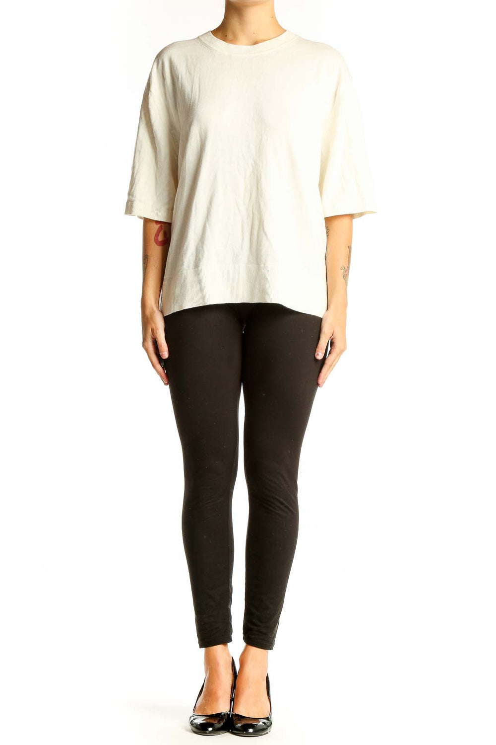 Front view of cream oversized short-sleeve knit top from Banana Republic