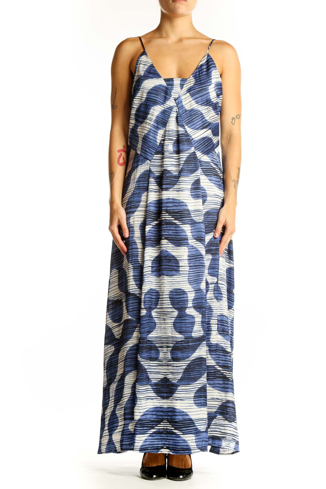 Front view of Banana Republic blue and white abstract print maxi dress