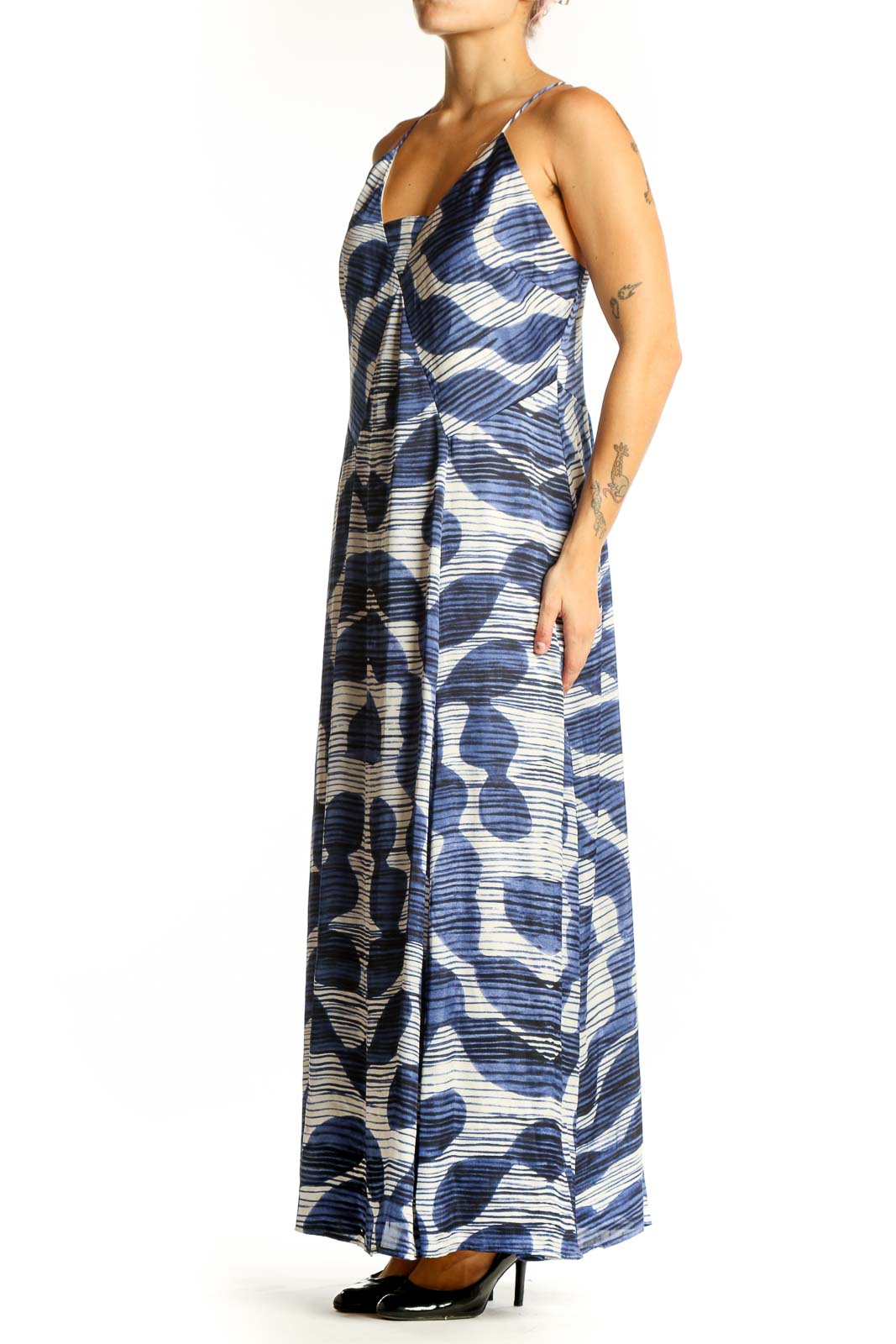 Front view of Banana Republic blue and white abstract print maxi dress