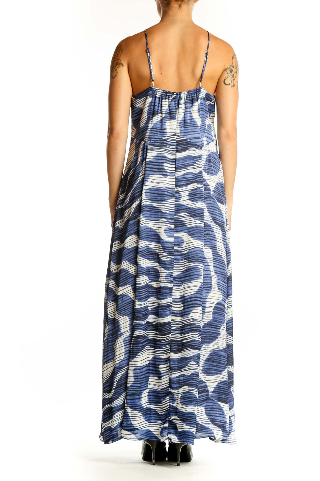 Side view of Banana Republic blue and white abstract print maxi dress