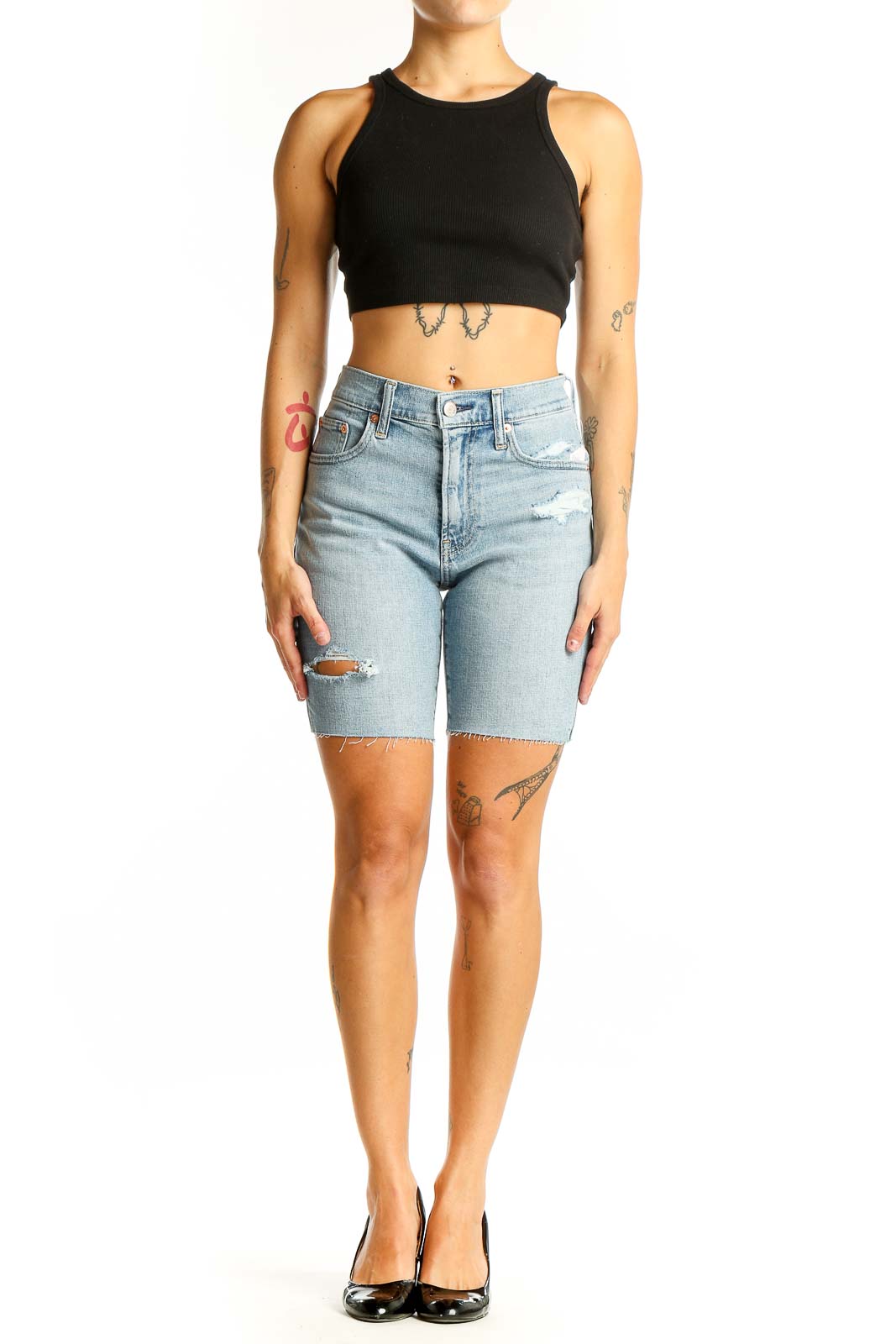 Front view of Gap light blue distressed denim Bermuda shorts