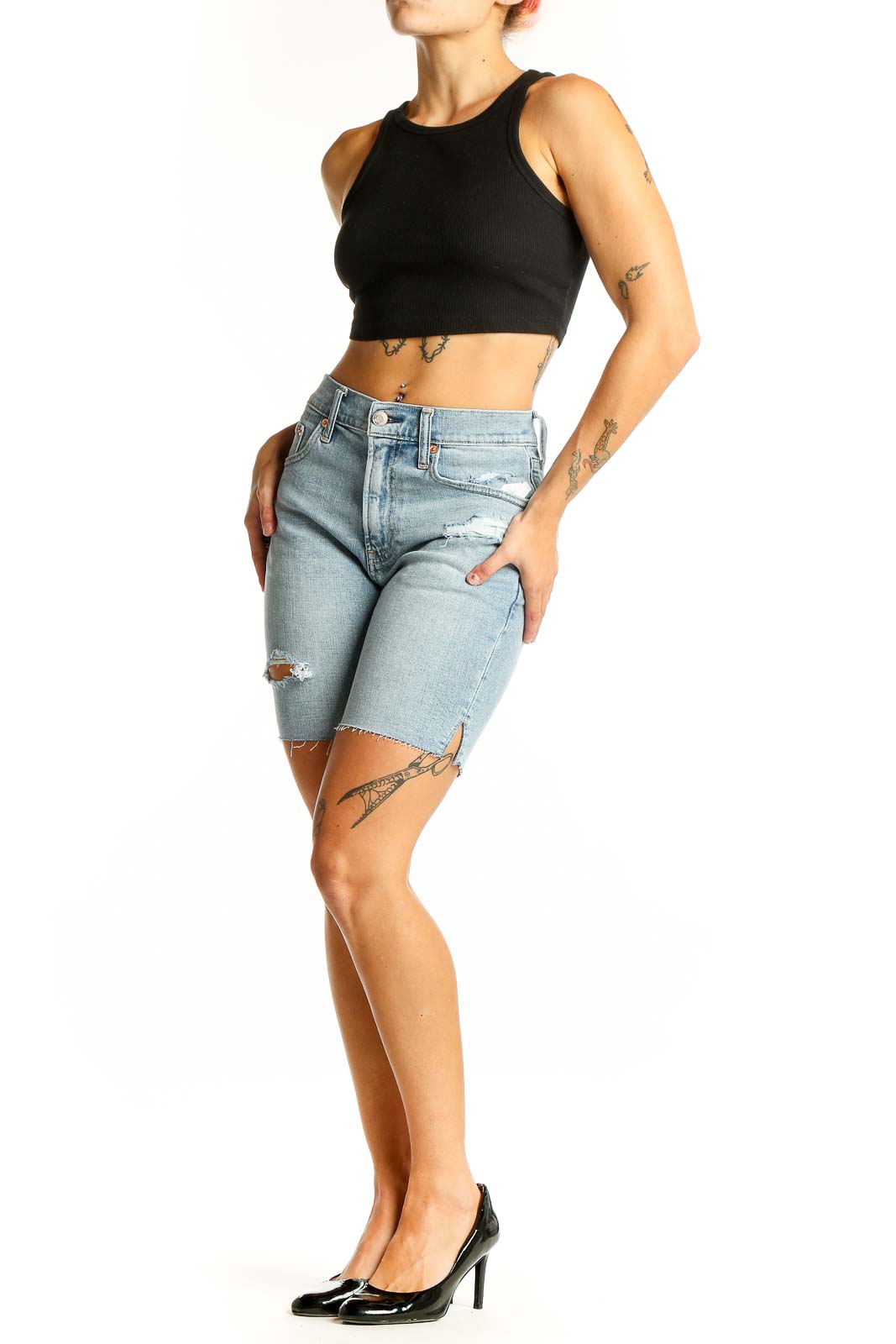 Front view of Gap light blue distressed denim Bermuda shorts