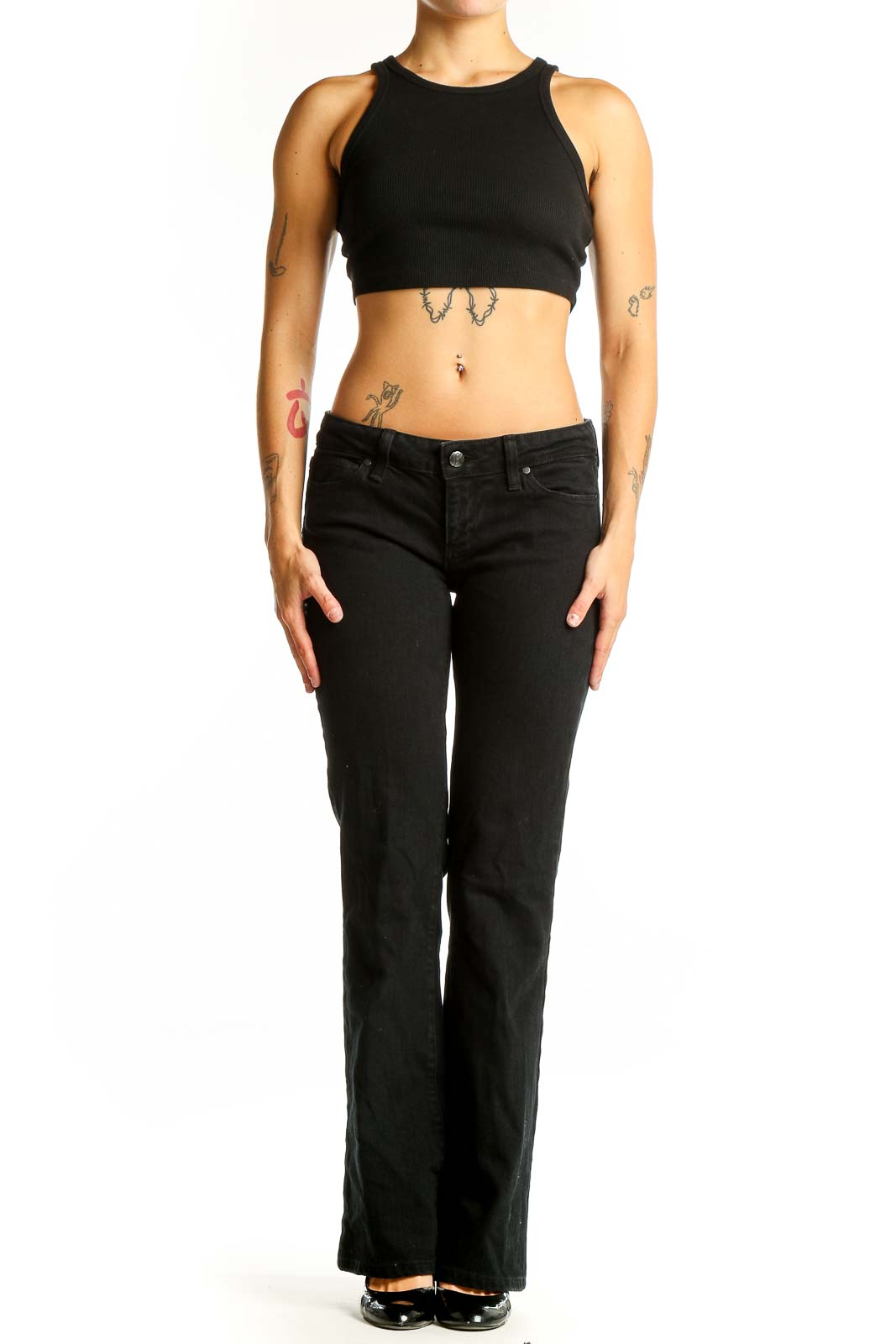 Front view of Paige black slim fit bootcut jeans on model