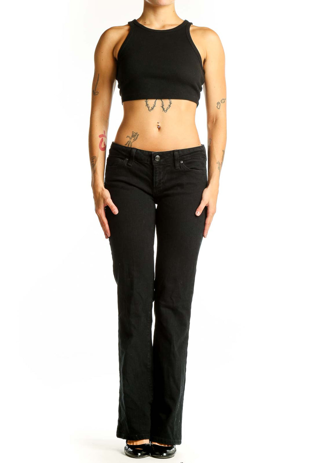 Front view of Paige black slim fit bootcut jeans on model