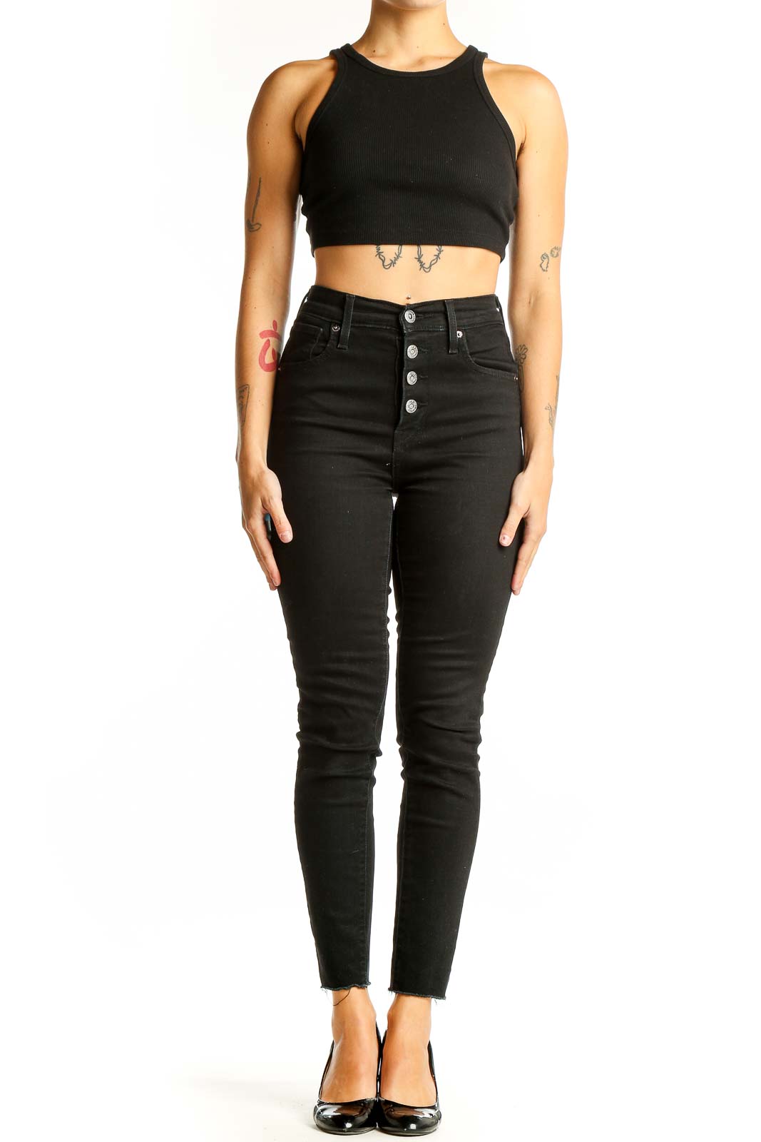 Front view of Levi's black high-waisted skinny jeans with button-fly
