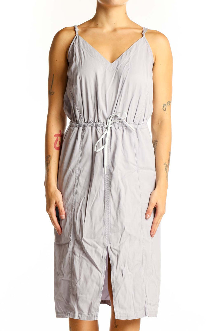 Front view of Lululemon light gray sleeveless midi dress with V-neck and drawstring waist