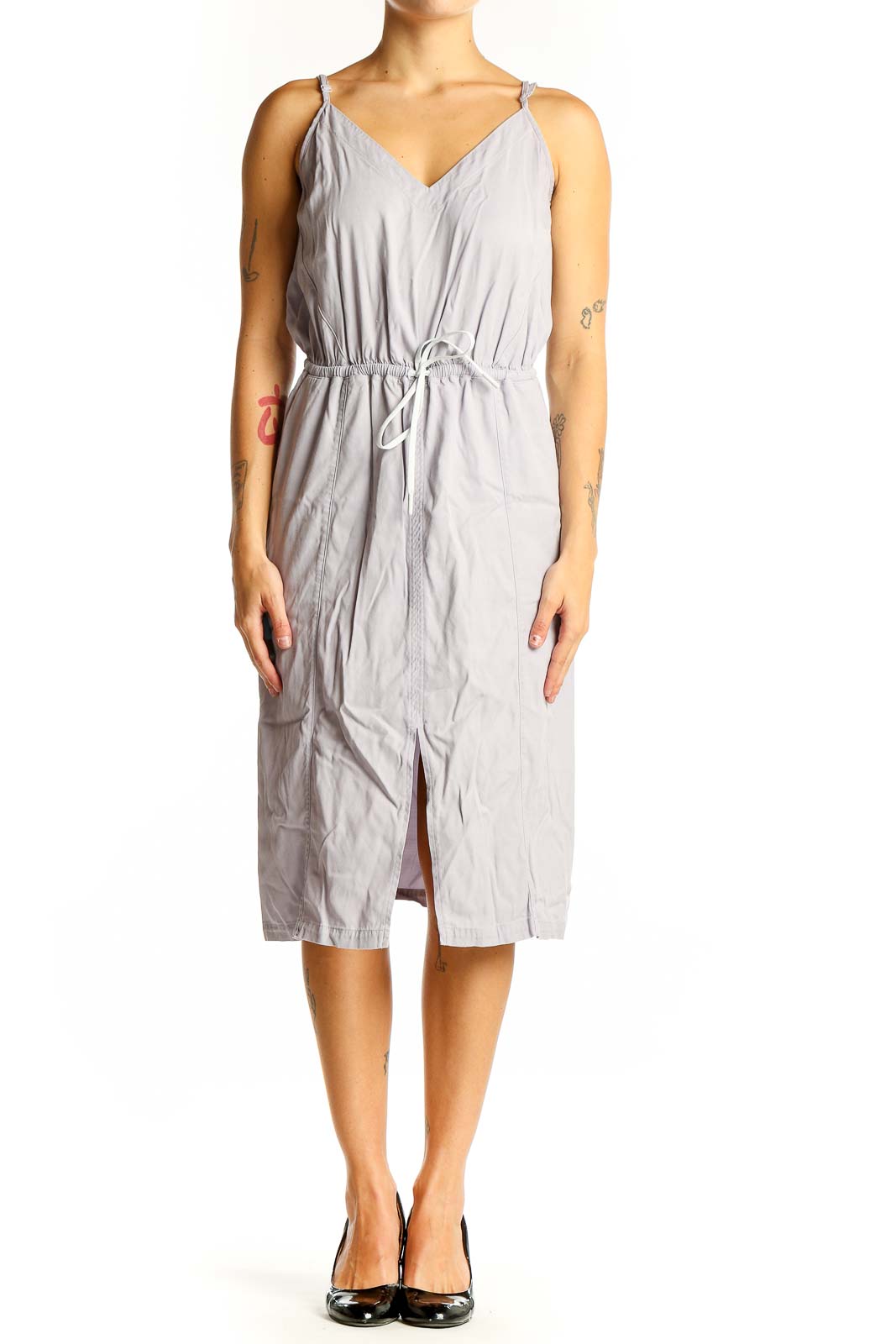 Front view of Lululemon light gray sleeveless midi dress with V-neck and drawstring waist