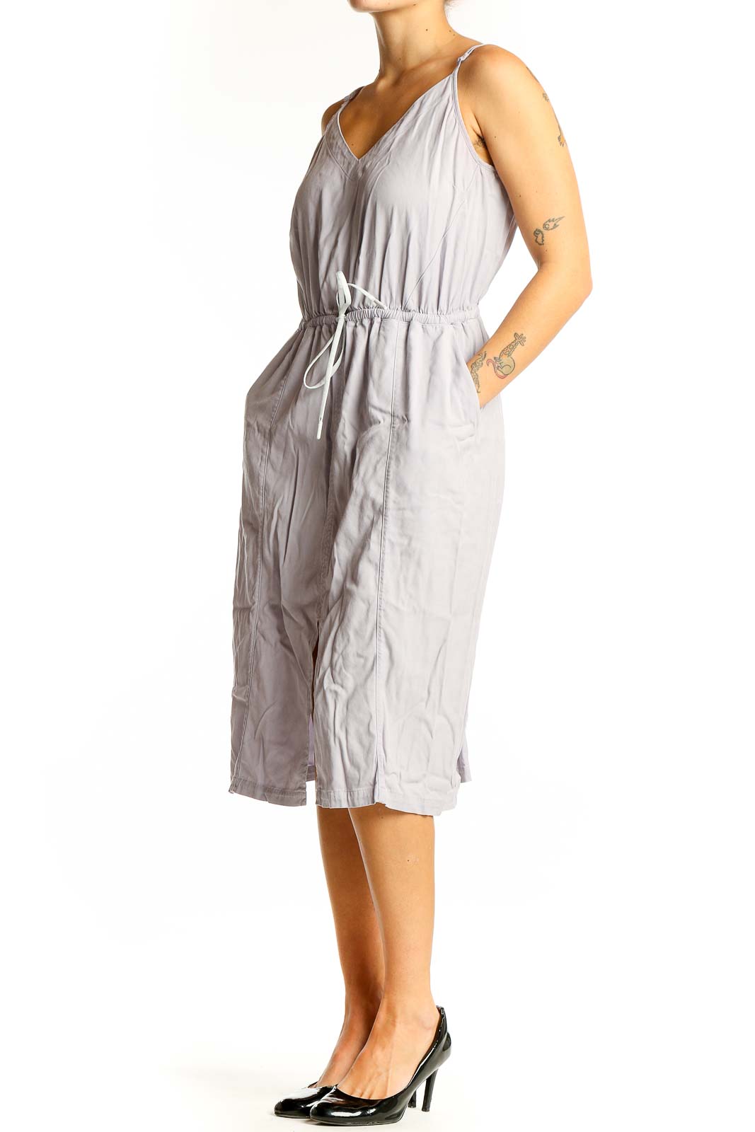 Front view of Lululemon light gray sleeveless midi dress with V-neck and drawstring waist