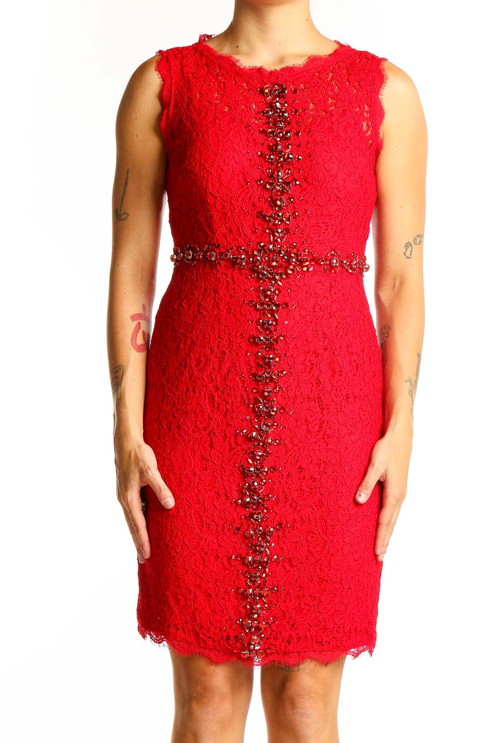 Front view of red lace cocktail dress with beaded embellishments