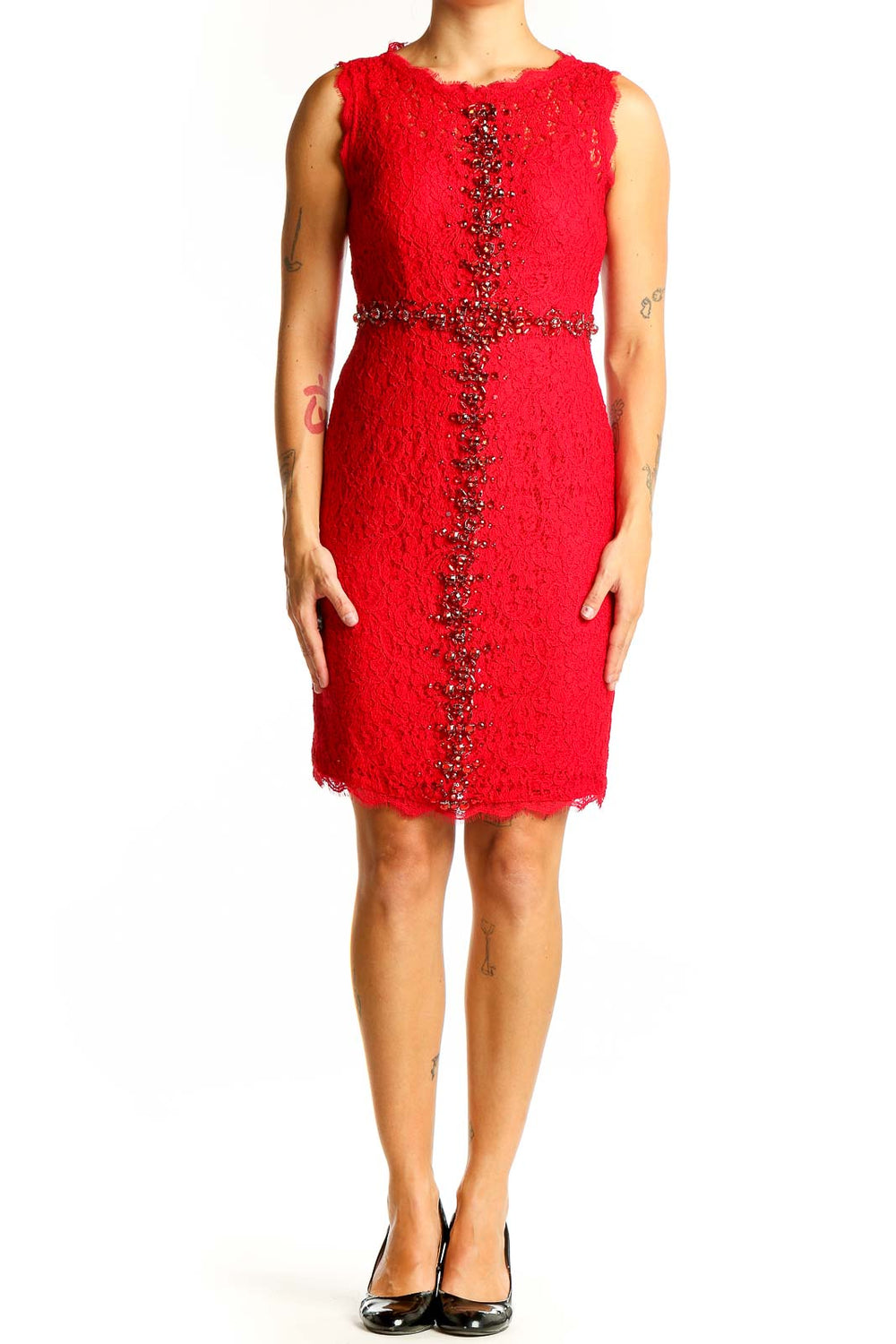 Front view of red lace cocktail dress with beaded embellishments