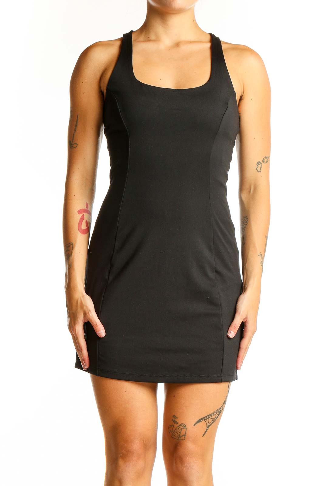 Front view of black fitted racerback mini dress from Victoria's Secret