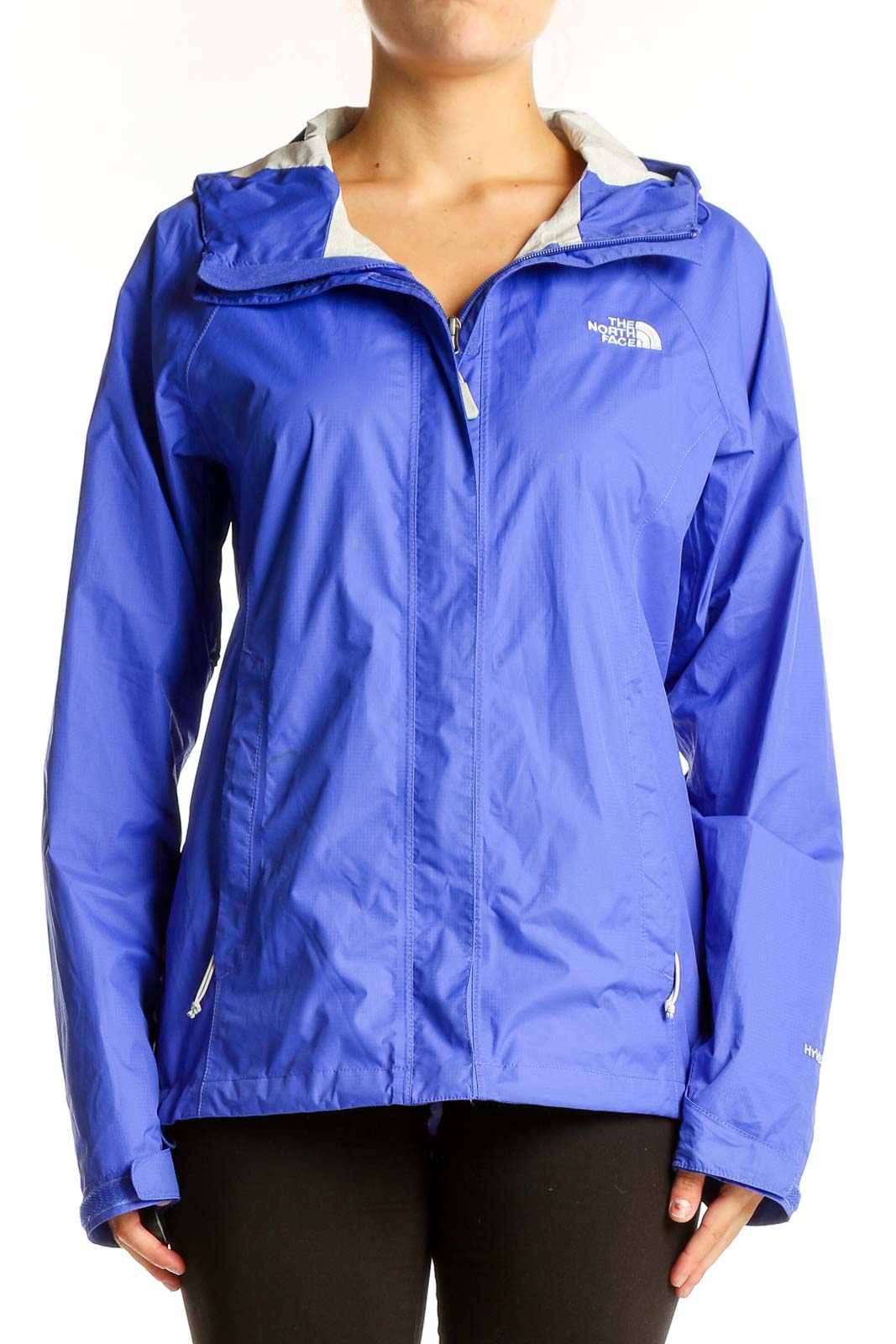 Front view of blue The North Face lightweight hooded rain jacket