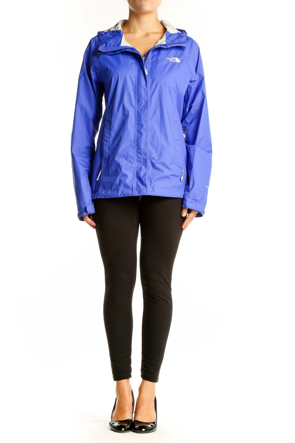 Front view of blue The North Face lightweight hooded rain jacket