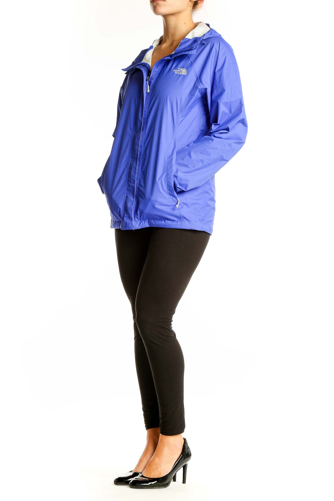 Front view of blue The North Face lightweight hooded rain jacket