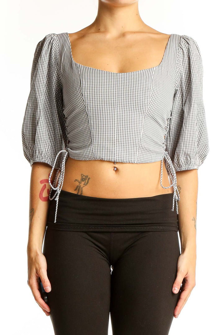 Front view of Abercrombie & Fitch gray gingham crop top with puff sleeves
