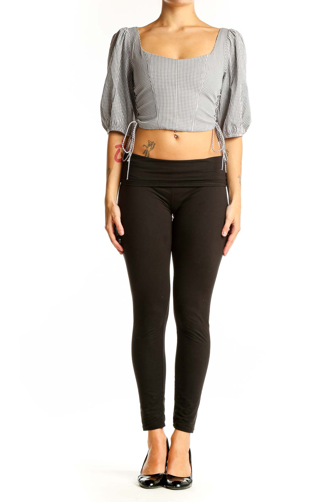 Front view of Abercrombie & Fitch gray gingham crop top with puff sleeves