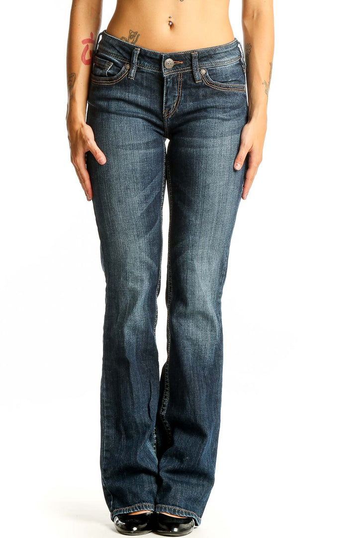 Front view of Silver Jeans Co. dark blue bootcut jeans on model