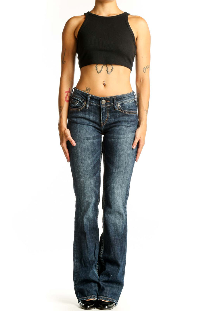 Front view of Silver Jeans Co. dark blue bootcut jeans on model